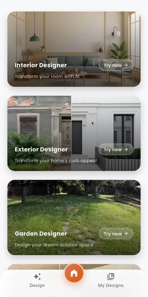 DecorAI mobile app showing AI interior design options