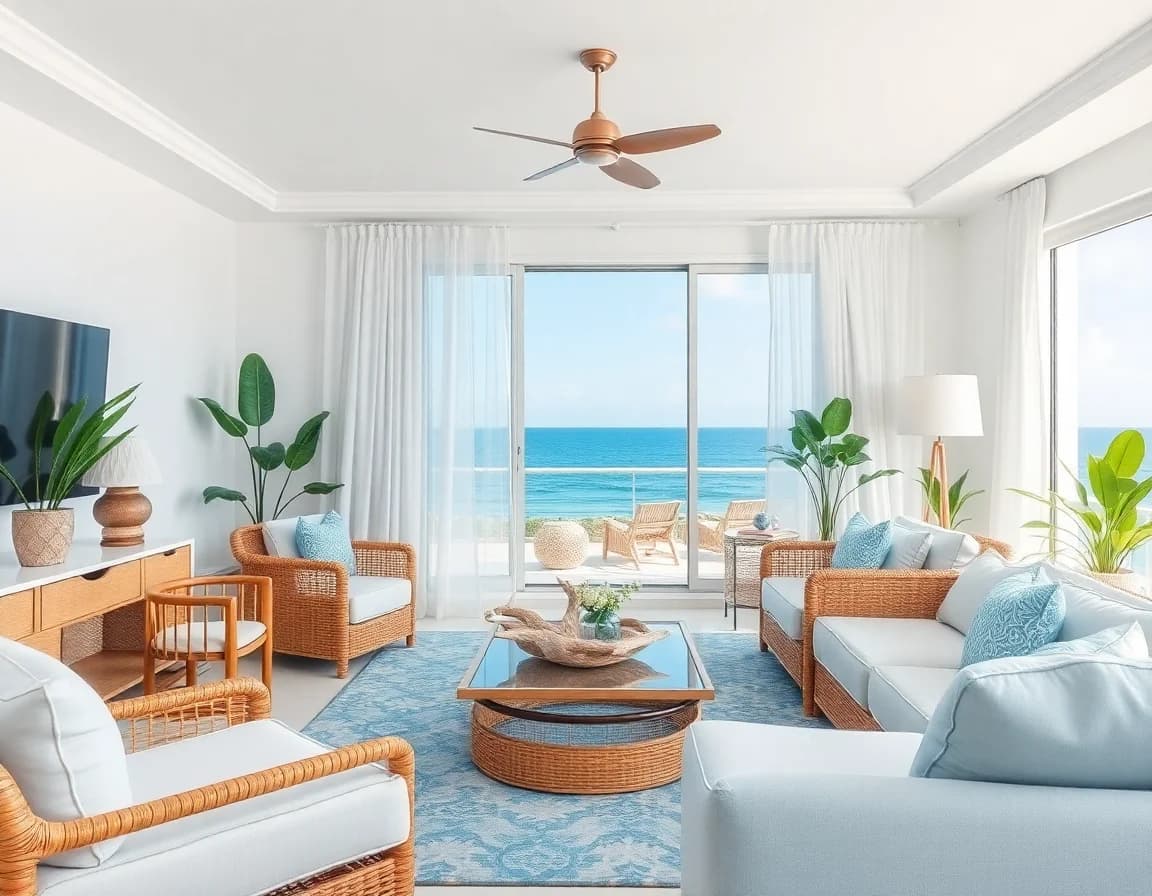 AI generated coastal style living room design with ocean view and natural textures