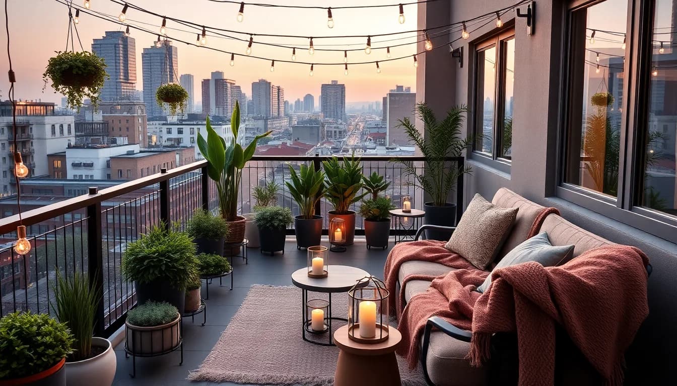 AI balcony design with cozy outdoor furniture and string lights