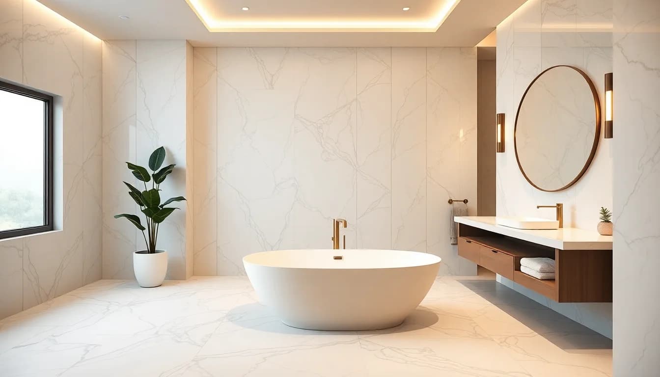 AI bathroom remodel with modern spa-like design and marble tiles