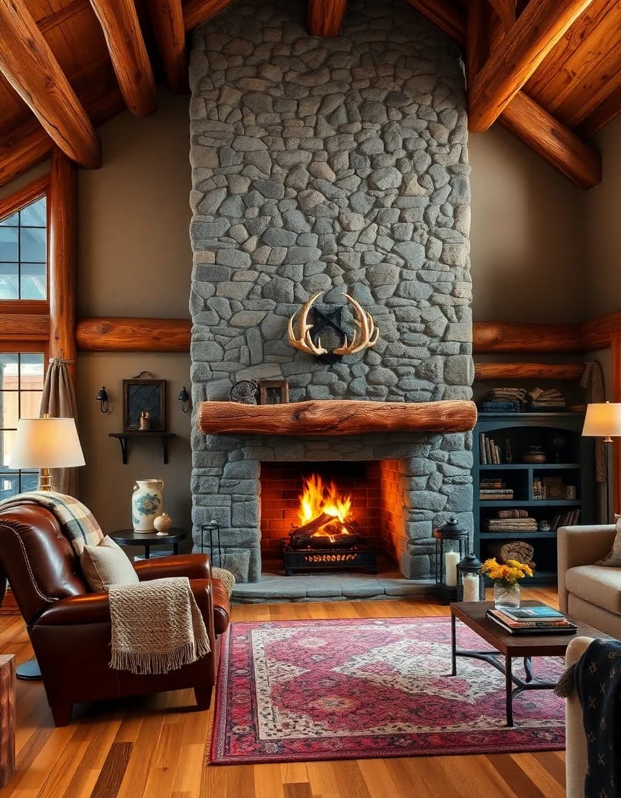 Rustic style AI interior design with exposed stone and warm wood tones
